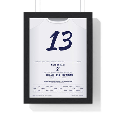 England v New Zealand Rugby World Cup Semi-Final 2019 Poster - Manu Tuilagi 13 Yokohama Print framed in a black frame, ready to hang