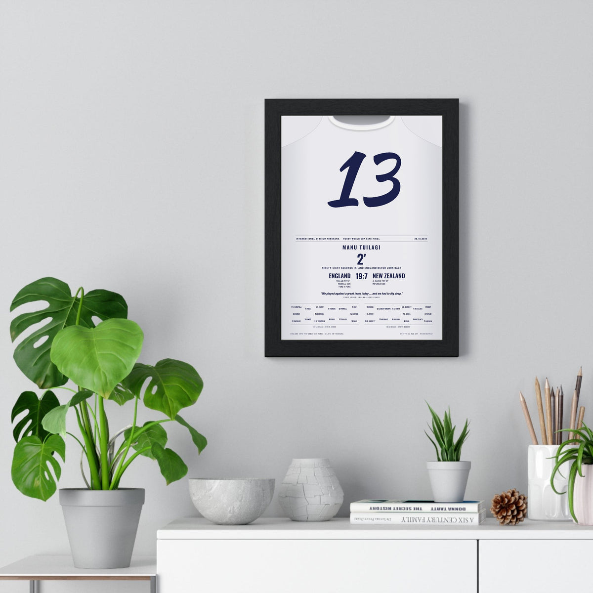 England v New Zealand Rugby World Cup Semi-Final 2019 Poster - Manu Tuilagi 13 Yokohama Print framed on a living room wall