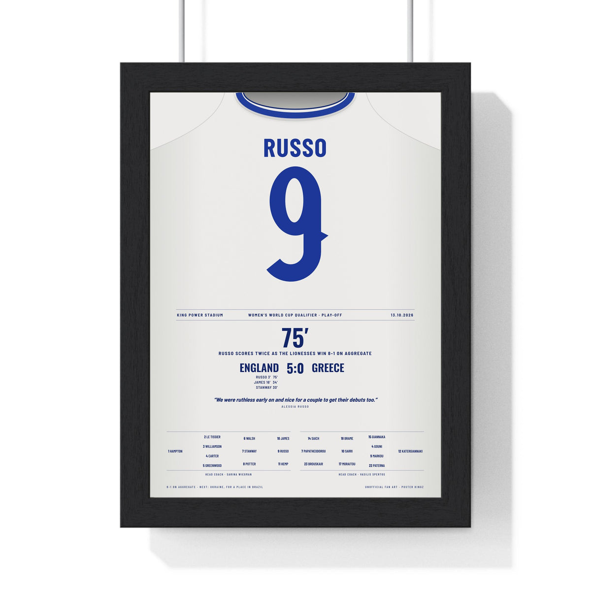 England Women 5-0 Greece World Cup Qualifier 2026 Poster - Alessia Russo 9 Lionesses Shirt Print framed in a black frame, ready to hang