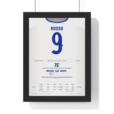 England Women 5-0 Greece World Cup Qualifier 2026 Poster - Alessia Russo 9 Lionesses Shirt Print framed in a black frame, ready to hang