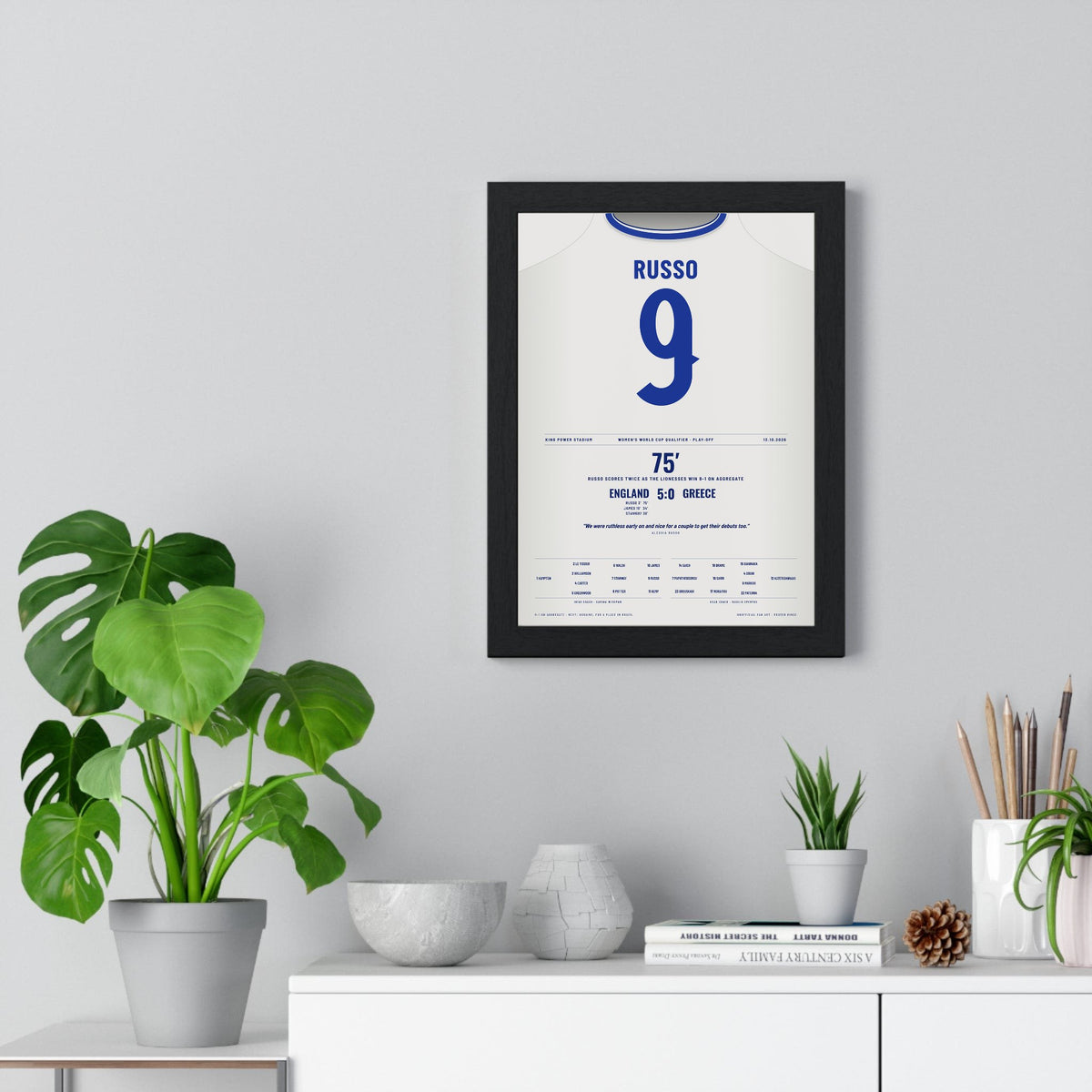 England Women 5-0 Greece World Cup Qualifier 2026 Poster - Alessia Russo 9 Lionesses Shirt Print framed on a living room wall