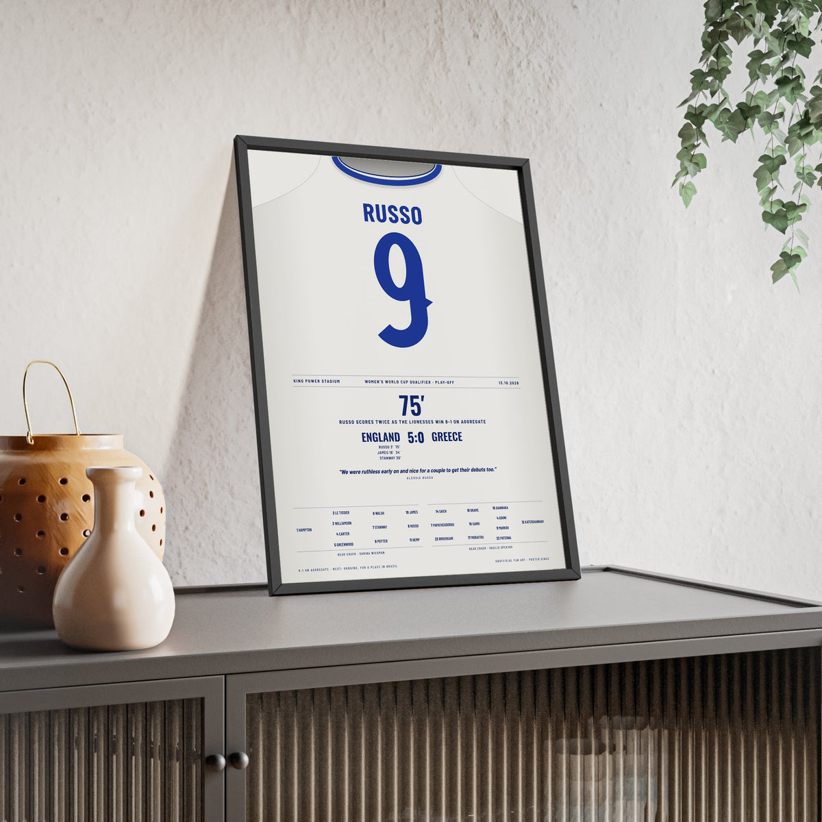 England Women 5-0 Greece World Cup Qualifier 2026 Poster - Alessia Russo 9 Lionesses Shirt Print framed and leaning on a sideboard