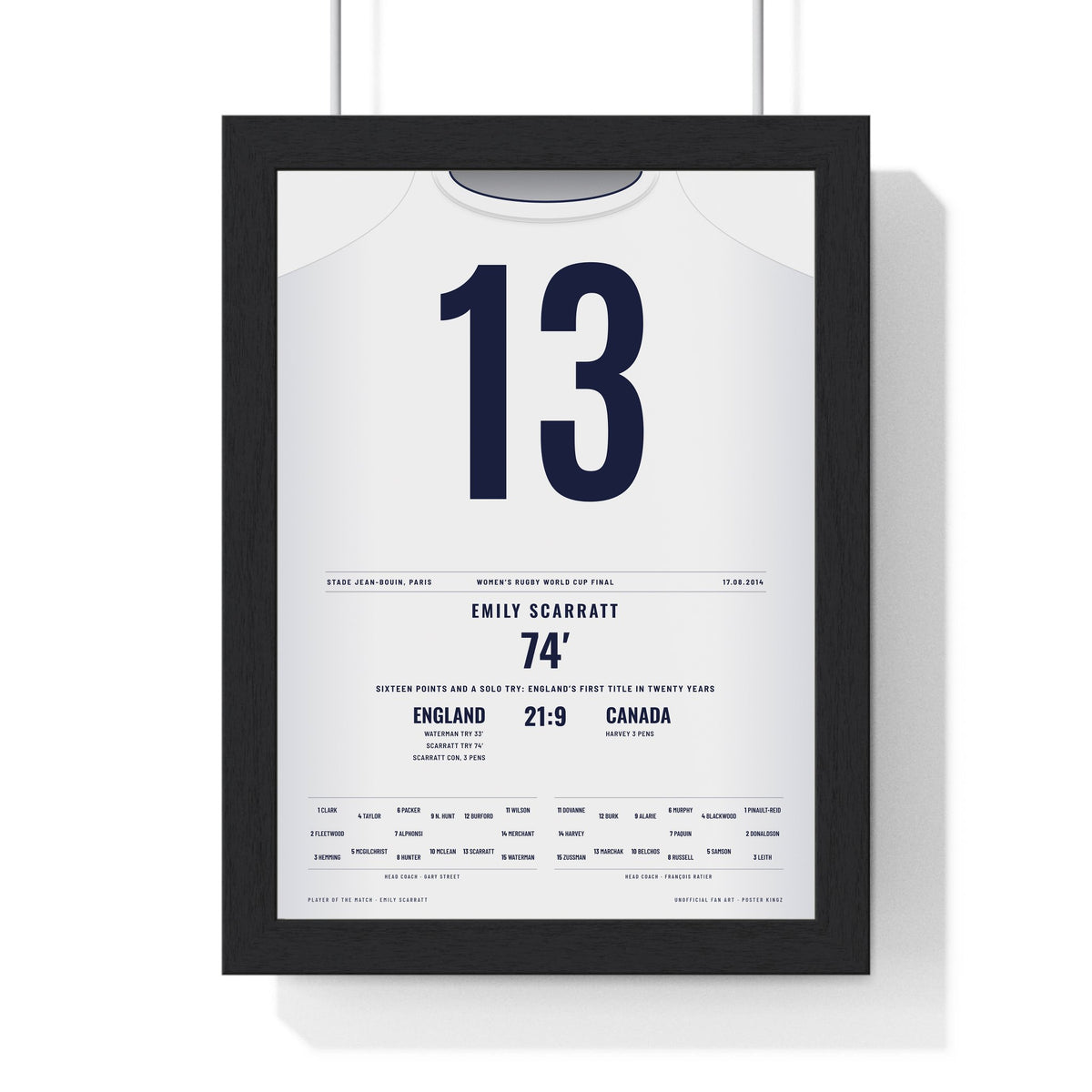 England Women's Rugby World Cup Final 2014 Poster - Emily Scarratt 13 Shirt Print framed in a black frame, ready to hang