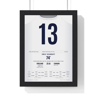 England Women's Rugby World Cup Final 2014 Poster - Emily Scarratt 13 Shirt Print framed in a black frame, ready to hang