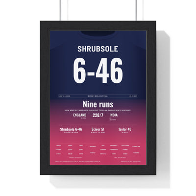 Anya Shrubsole Lord's 2017 Women's World Cup Final Cricket Poster - 6-46 Shirt Print framed in a black frame, ready to hang