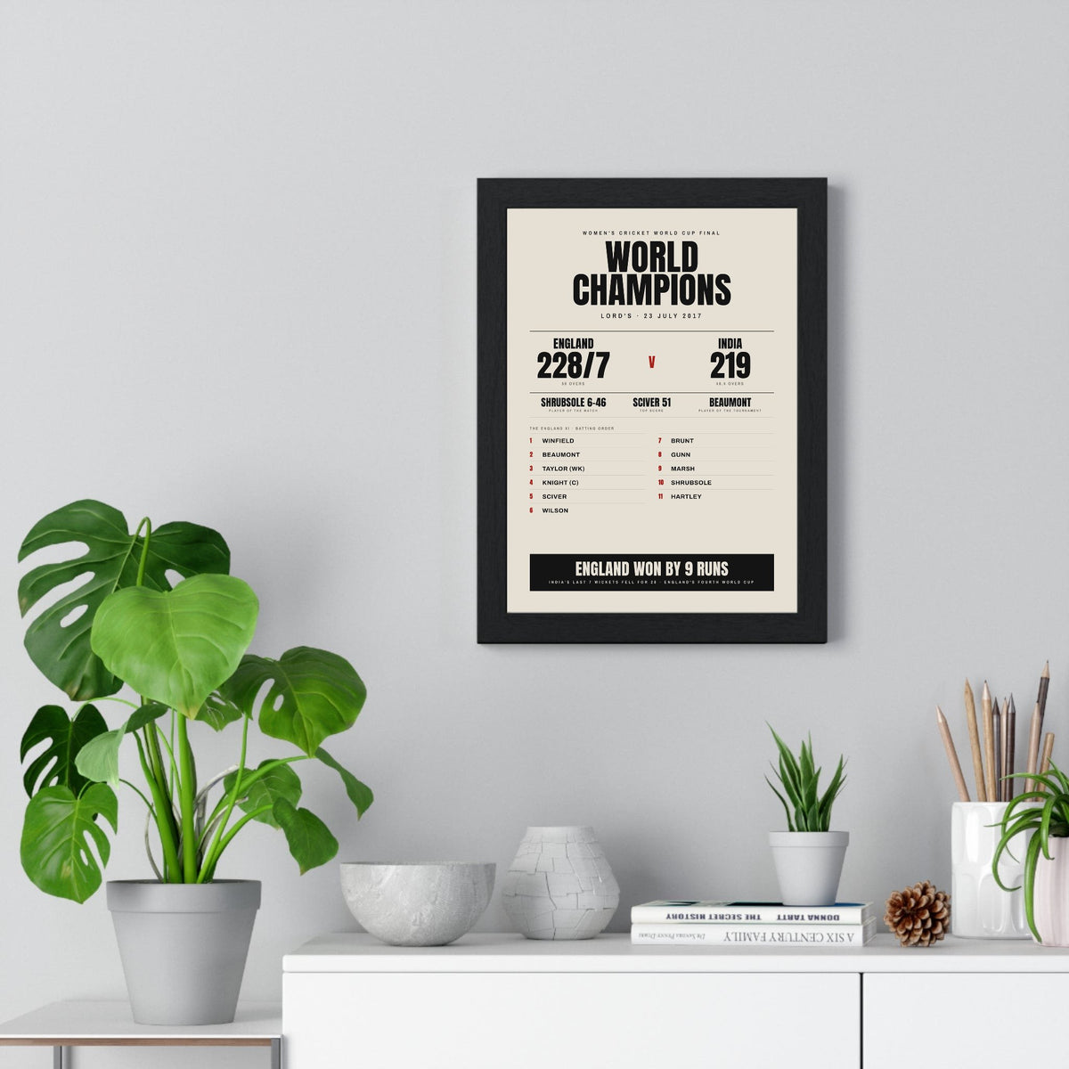 England Women's World Cup 2017 Winners print framed on a living room wall