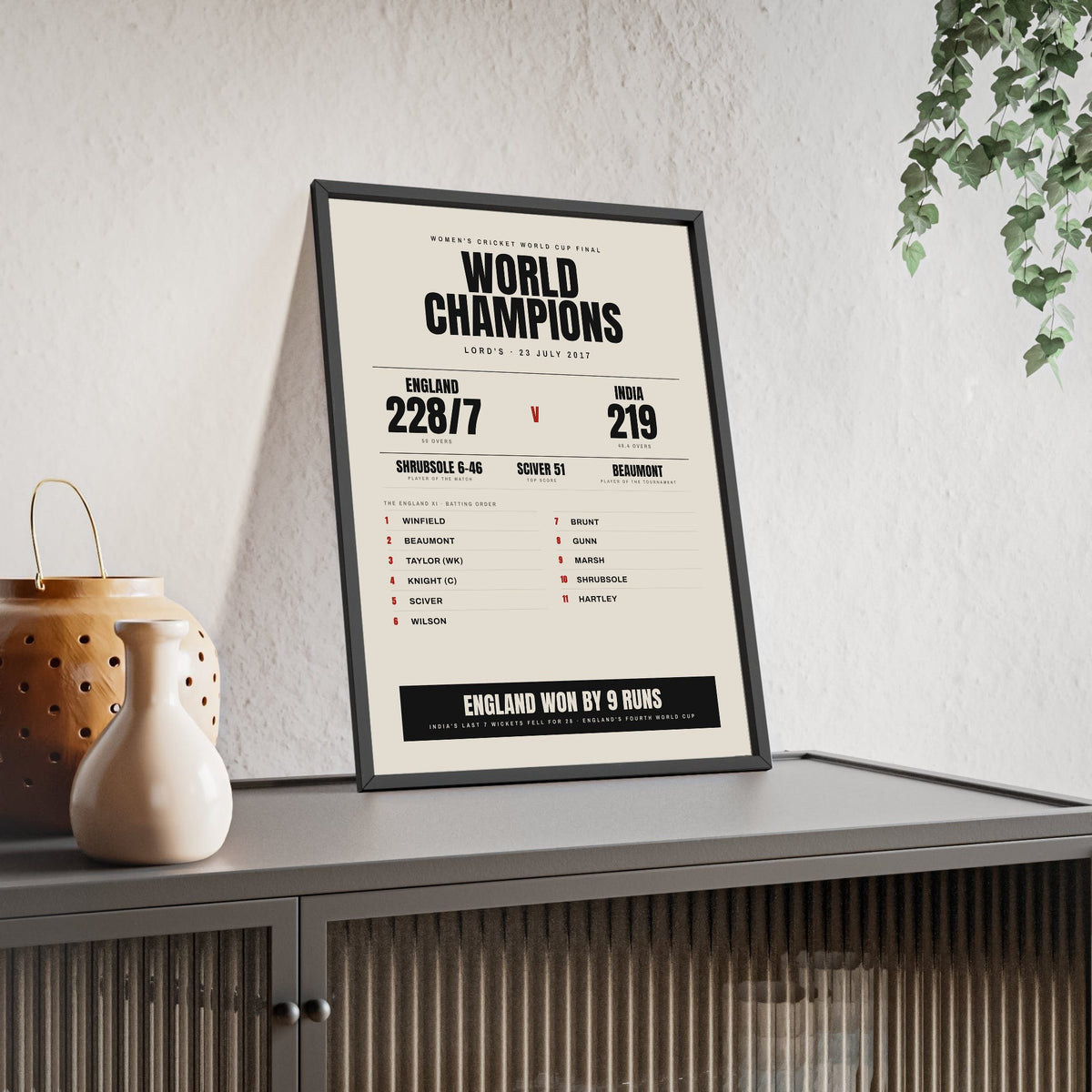 England Women's World Cup 2017 Winners print framed and leaning on a sideboard