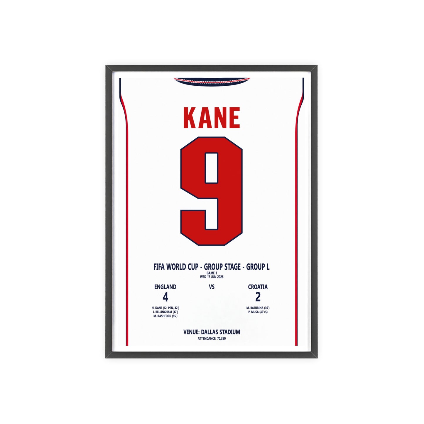 England World Cup 2026 Kane 9 poster framed print