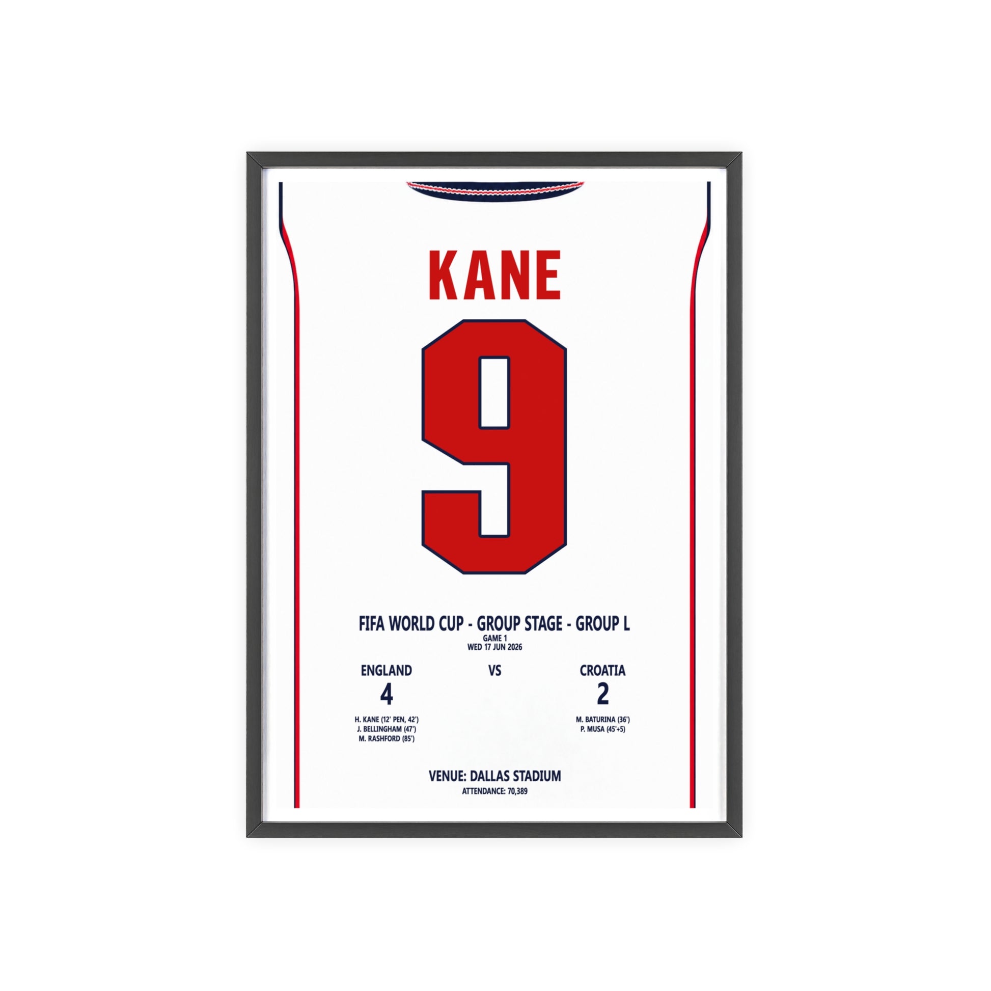 England World Cup 2026 Kane 9 poster framed print