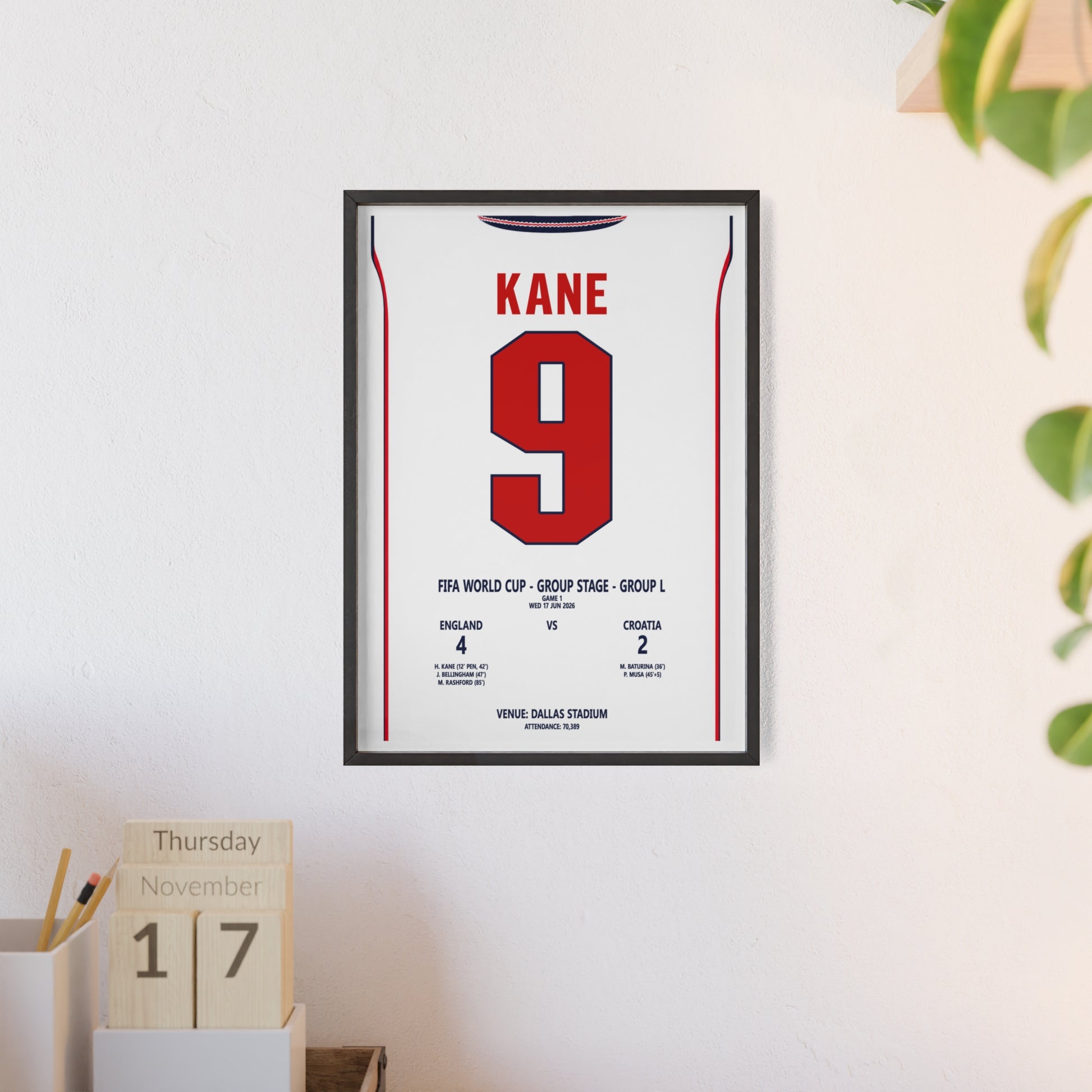 England World Cup 2026 Kane 9 football poster framed on wall