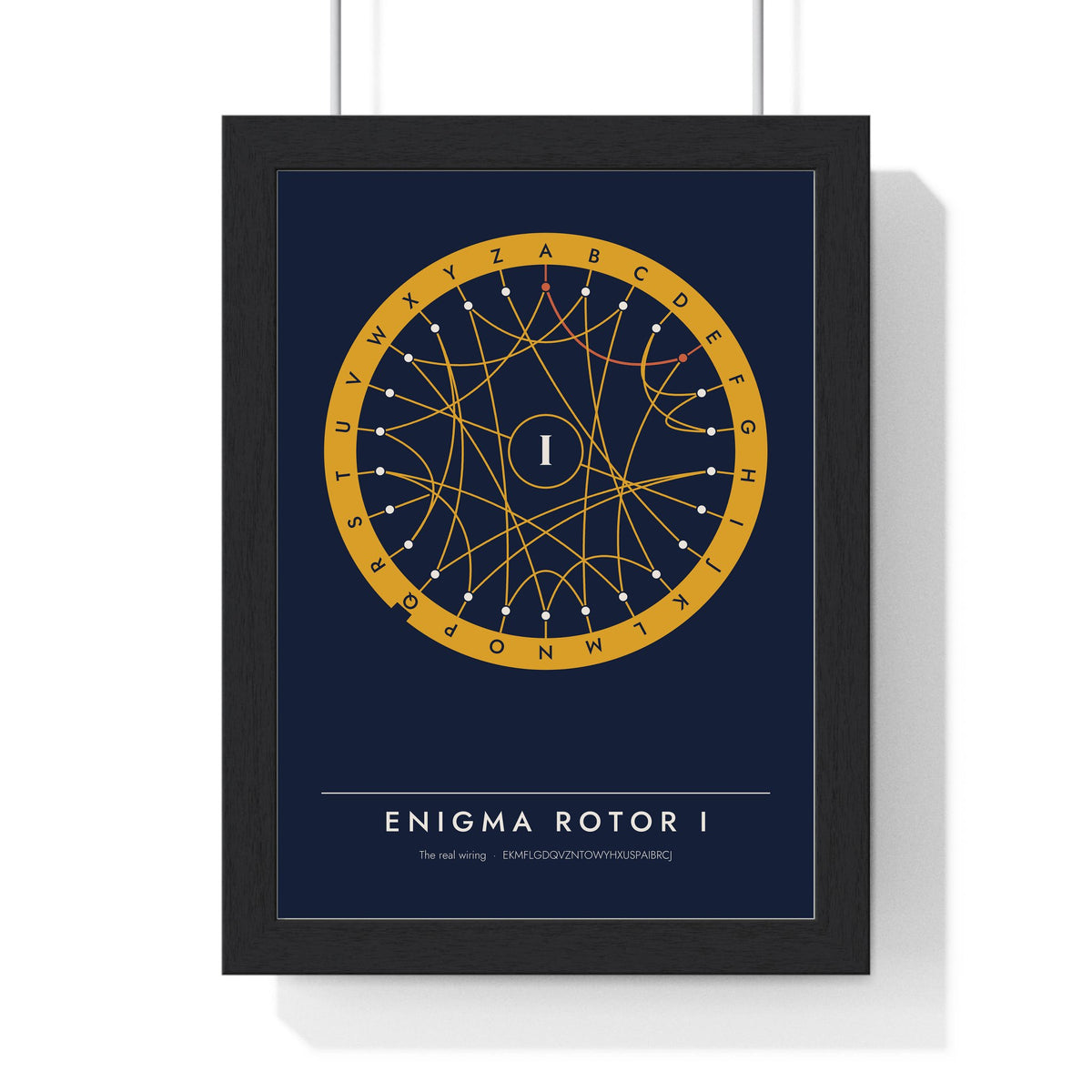 Enigma Rotor I Wiring print framed in a black frame, ready to hang
