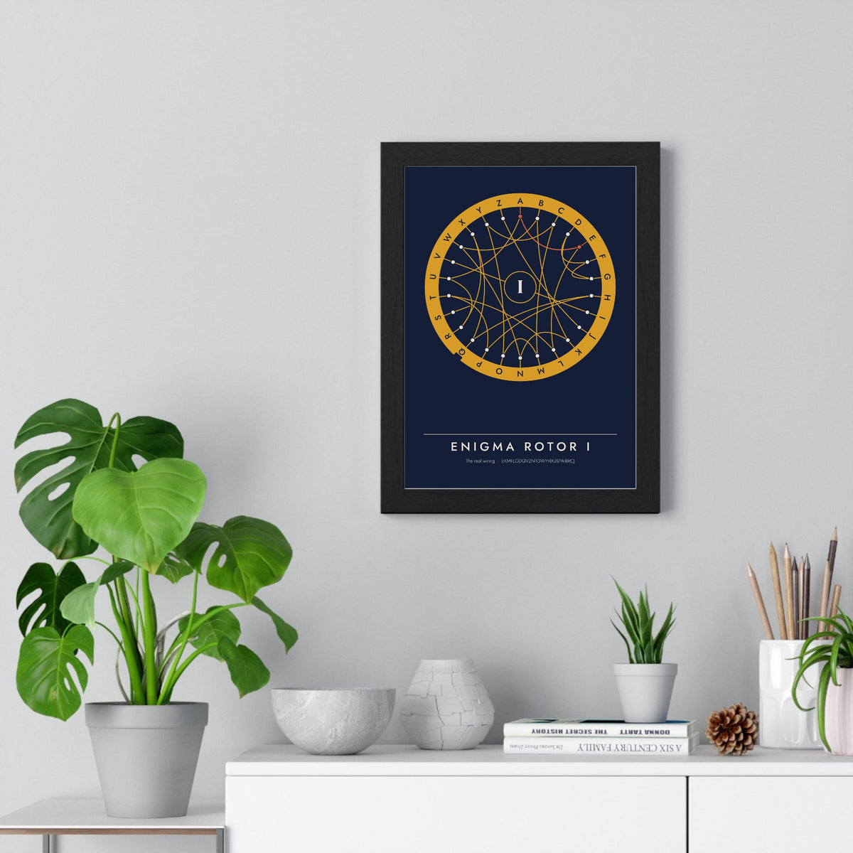 Enigma Rotor I Wiring print framed on a living room wall