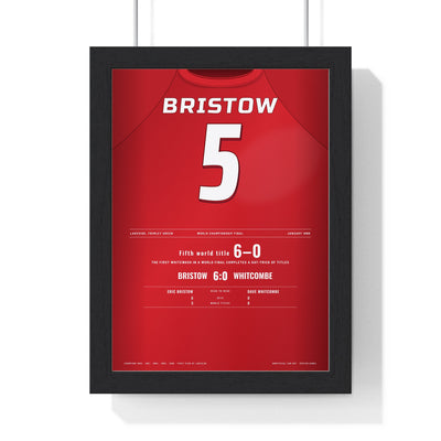 Eric Bristow World Darts Final 1986 Darts Poster - Fifth World Title Shirt Print framed in a black frame, ready to hang