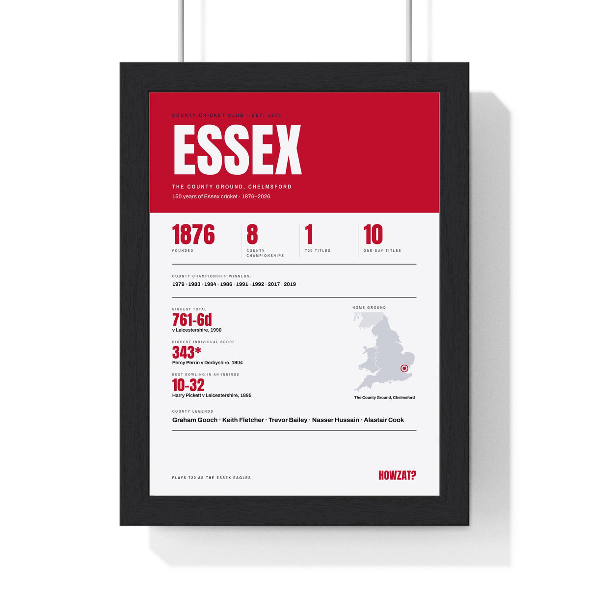 Essex Cricket print framed in a black frame, ready to hang