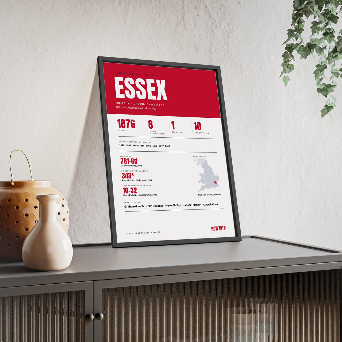 Essex Cricket print framed and leaning on a sideboard