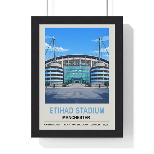 Etihad Stadium Manchester poster framed in Poster Kingz black frame with perspex front