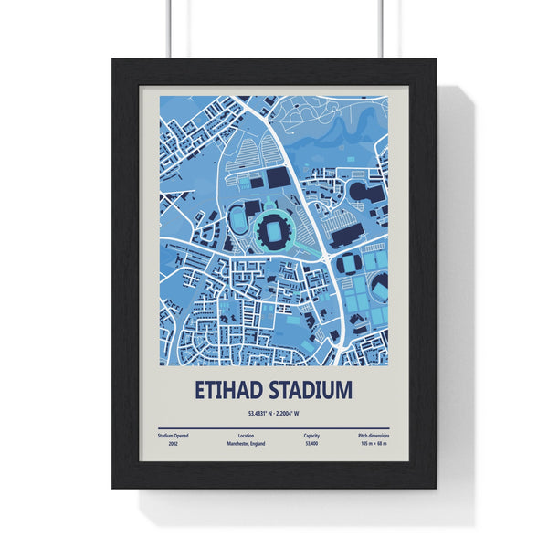 Etihad Stadium map print Manchester City football wall art in Poster Kingz frame