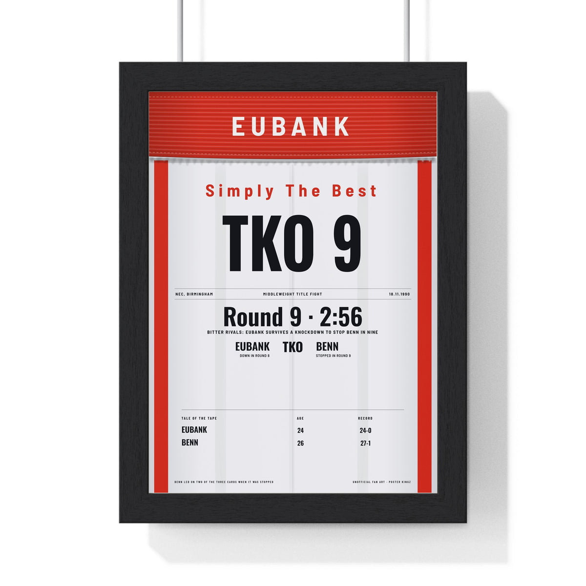 Eubank v Benn 1990 Boxing Poster print framed in a black frame, ready to hang