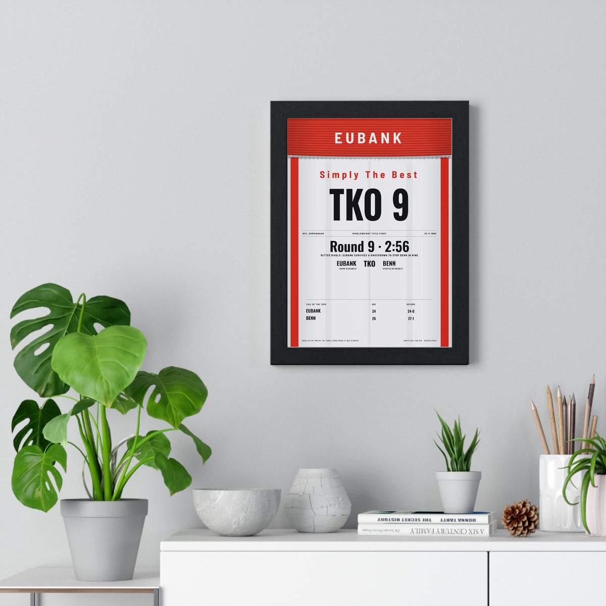 Eubank v Benn 1990 Boxing Poster print framed on a living room wall