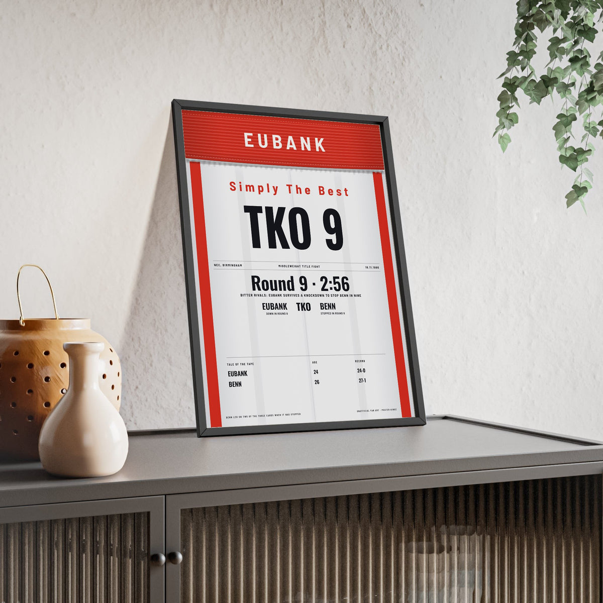 Eubank v Benn 1990 Boxing Poster print framed and leaning on a sideboard