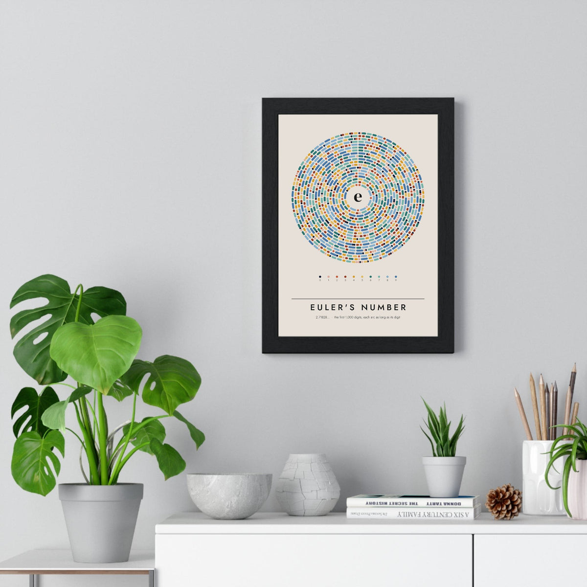 Euler's Number e print framed on a living room wall
