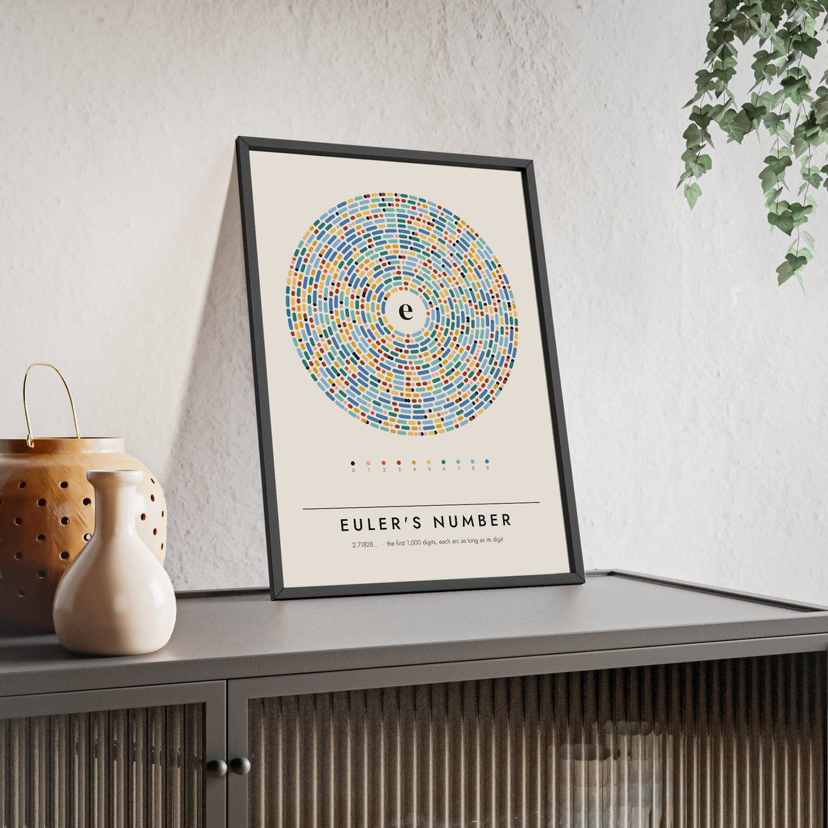 Euler's Number e print framed and leaning on a sideboard