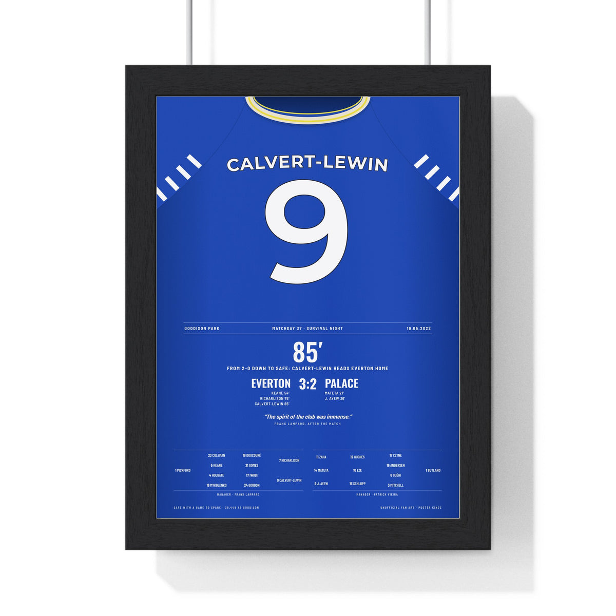 Everton Calvert-Lewin 9 v Palace 2022 Poster framed in a black frame, ready to hang