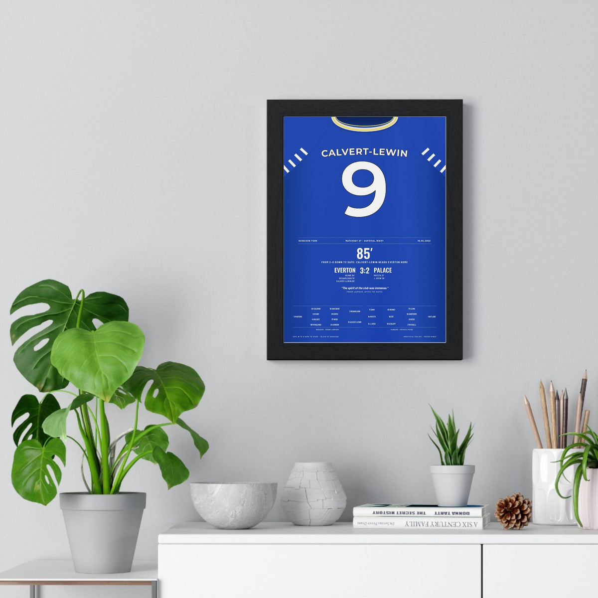 Everton Calvert-Lewin 9 v Palace 2022 Poster framed on a living room wall
