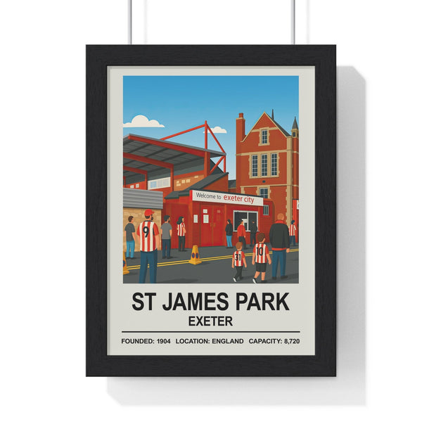 Exeter St James Park stadium print framed on wall showing hand-illustrated football ground artwork