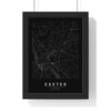 Exeter street map poster in black, minimal city map print framed in a black frame