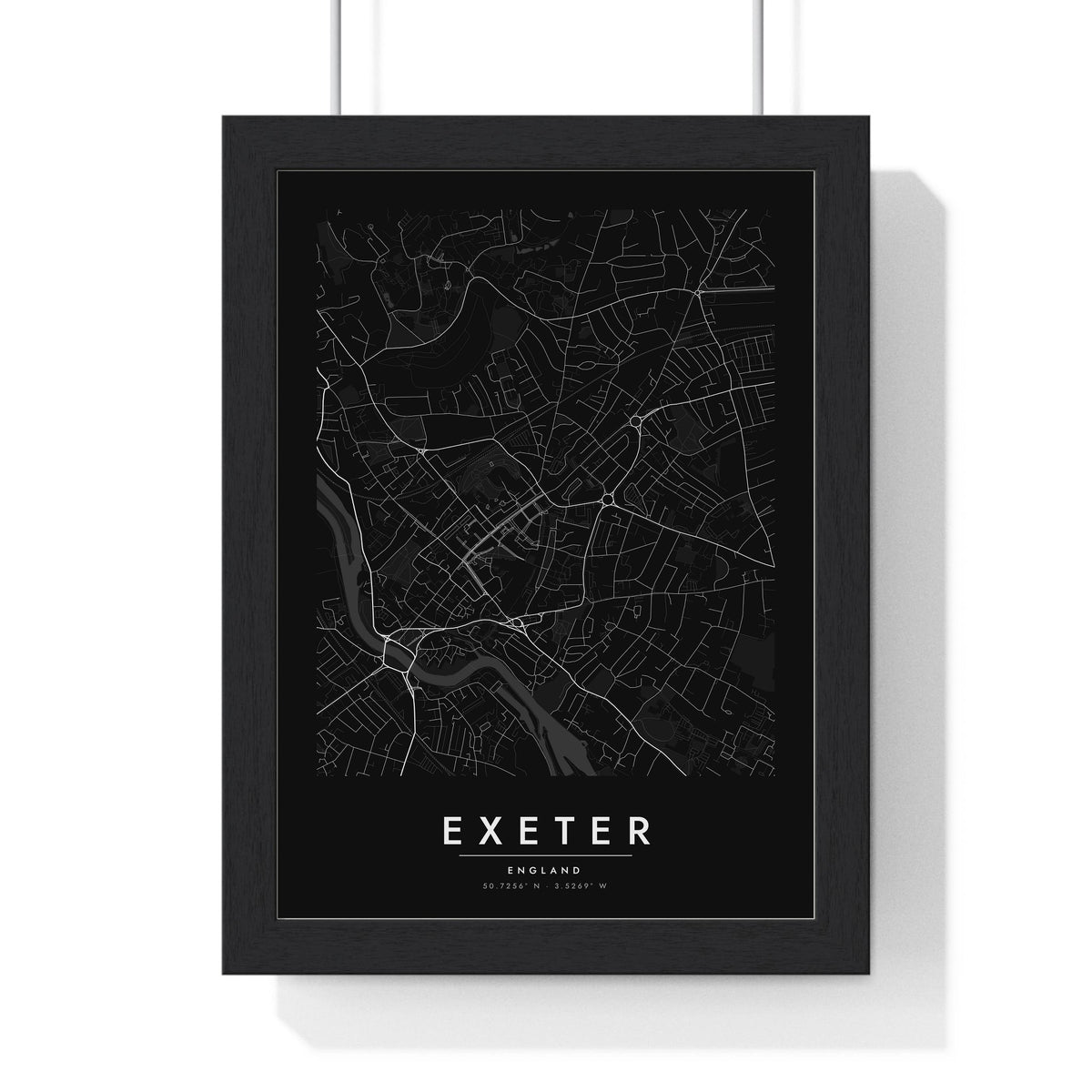 Exeter street map poster in black, minimal city map print framed in a black frame