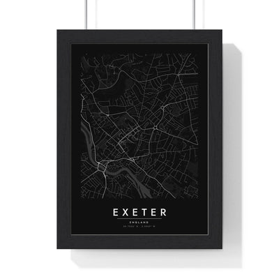 Exeter street map poster in black, minimal city map print framed in a black frame