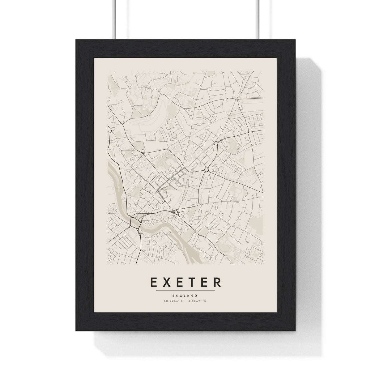 Exeter street map poster in cream, minimal city map print framed in a black frame