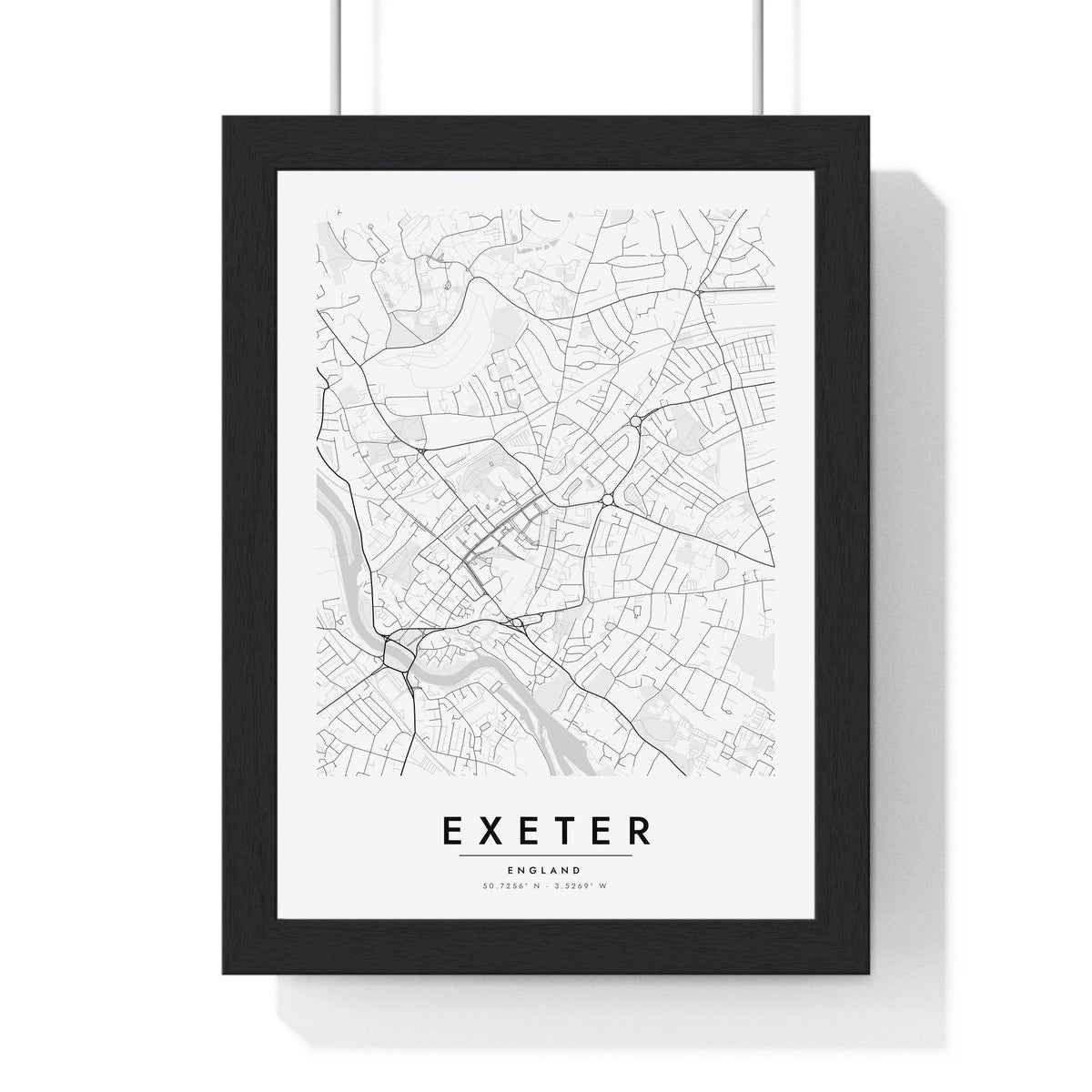 Exeter street map poster in white, minimal city map print framed in a black frame