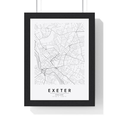 Exeter street map poster in white, minimal city map print framed in a black frame