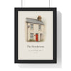 Personalised house portrait from photo of a Victorian terraced house with a red front door, watercolour print in a black frame