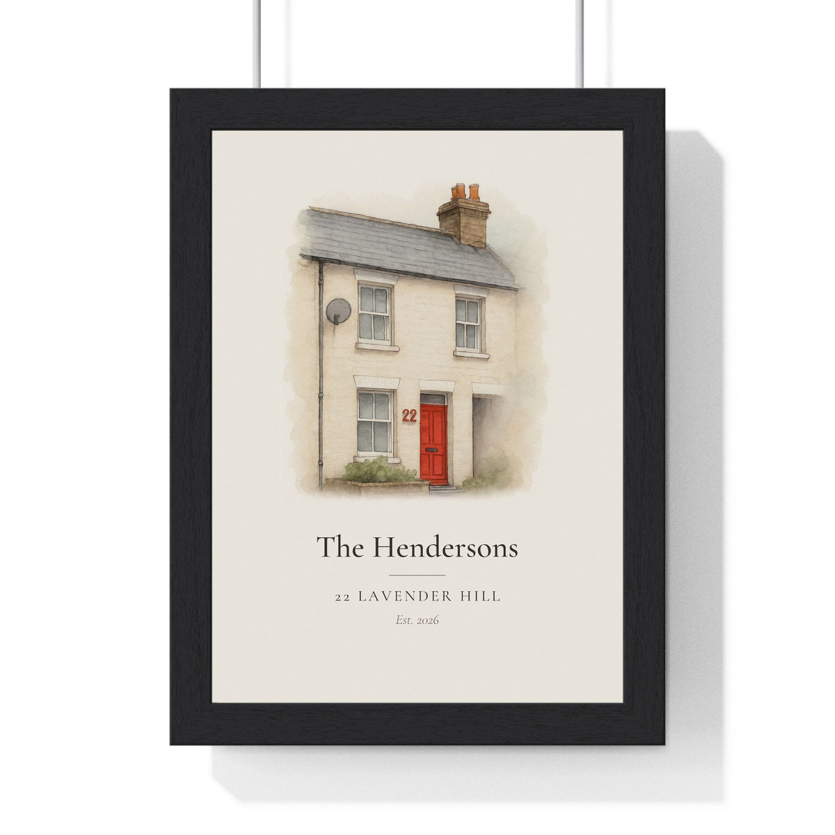 Personalised house portrait from photo of a Victorian terraced house with a red front door, watercolour print in a black frame