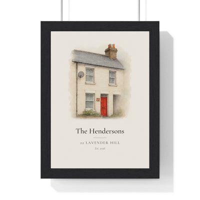 Personalised house portrait from photo of a Victorian terraced house with a red front door, watercolour print in a black frame
