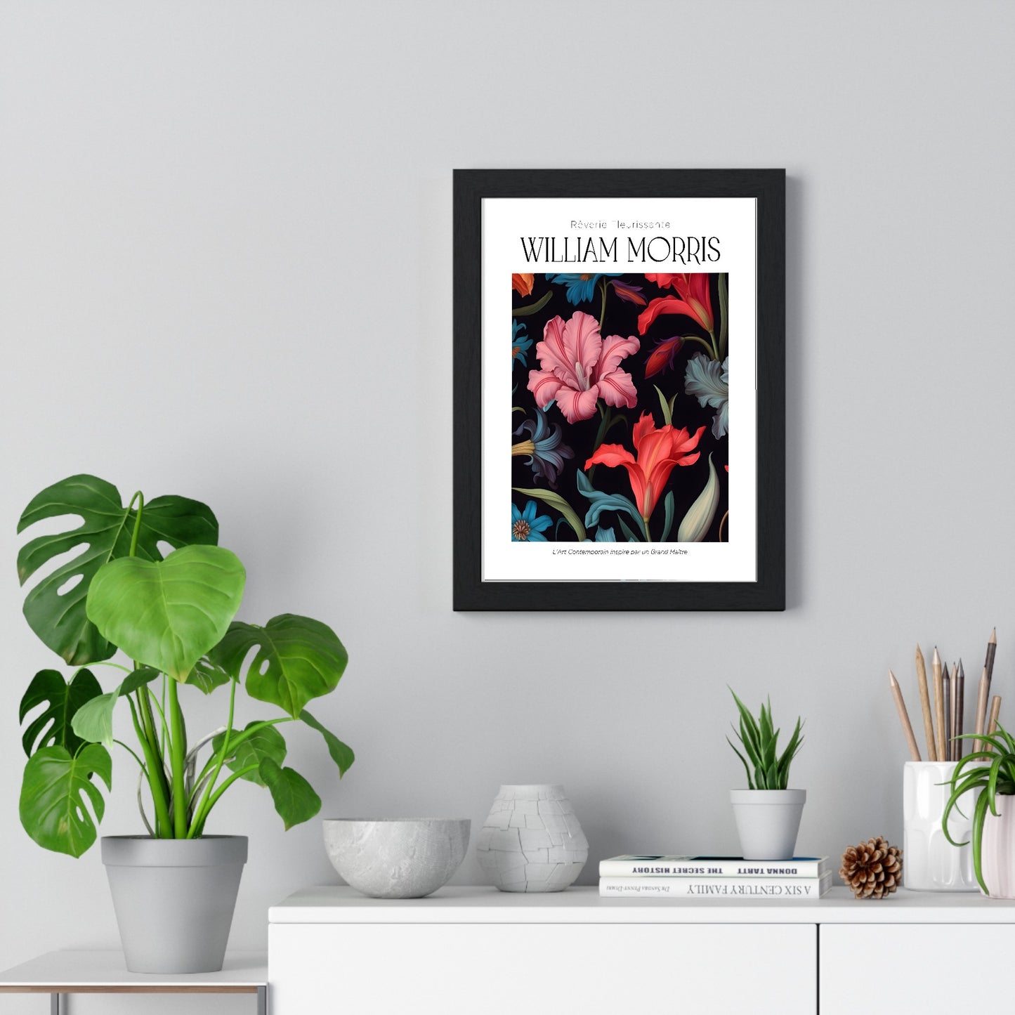 11x14-08 framed poster displayed on living room wall above furniture