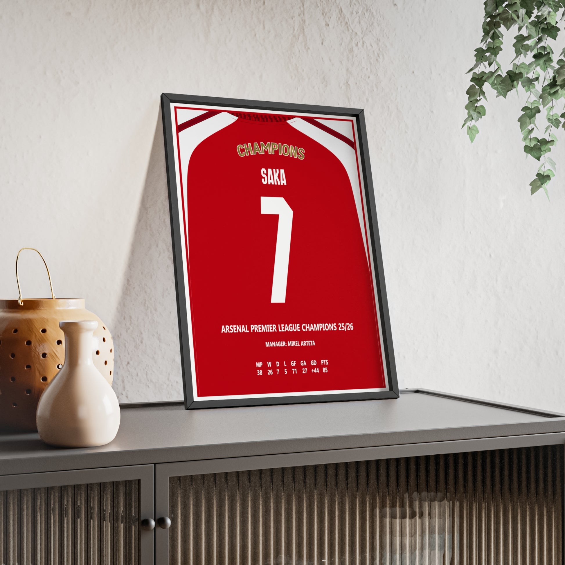 Arsenal Premier League Champions 2026 Saka 7 lifestyle poster mockup