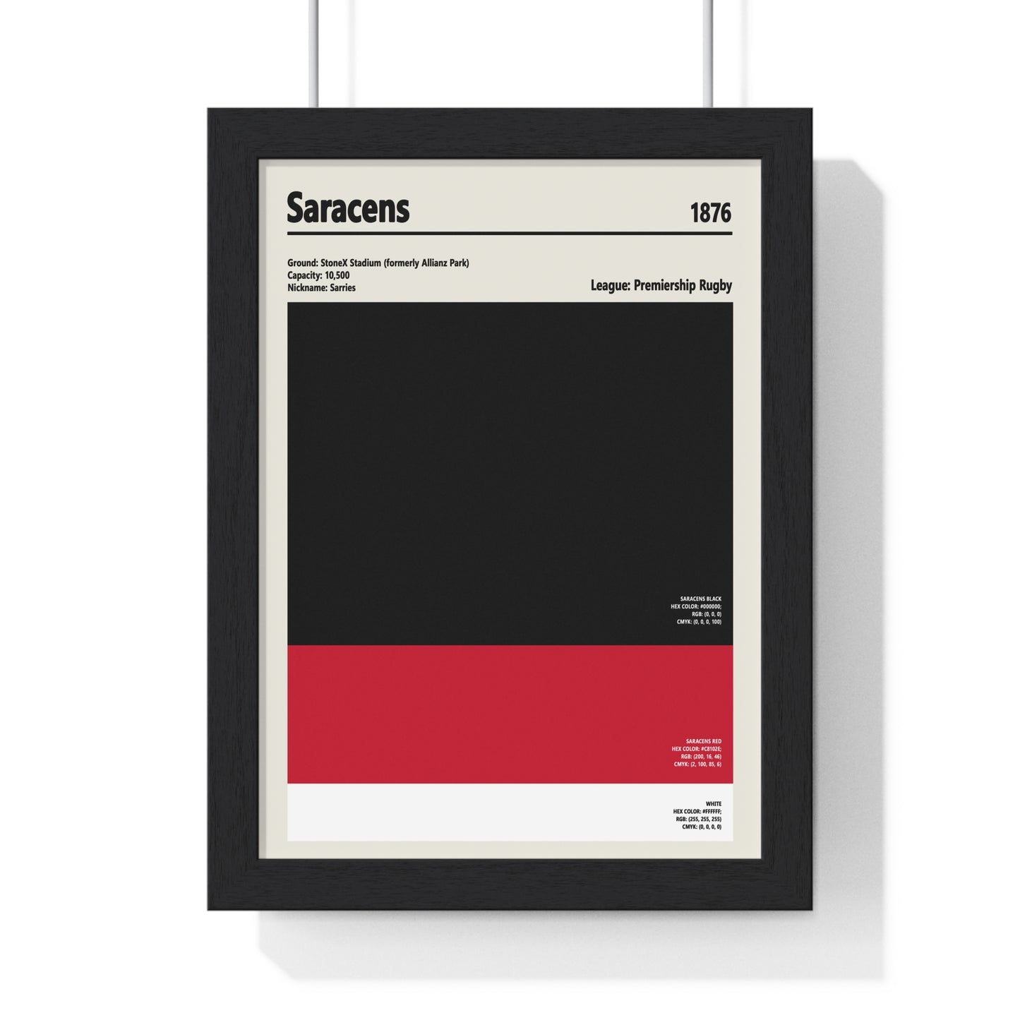 Framed poster with 'Saracens' text and black and red design on a white background