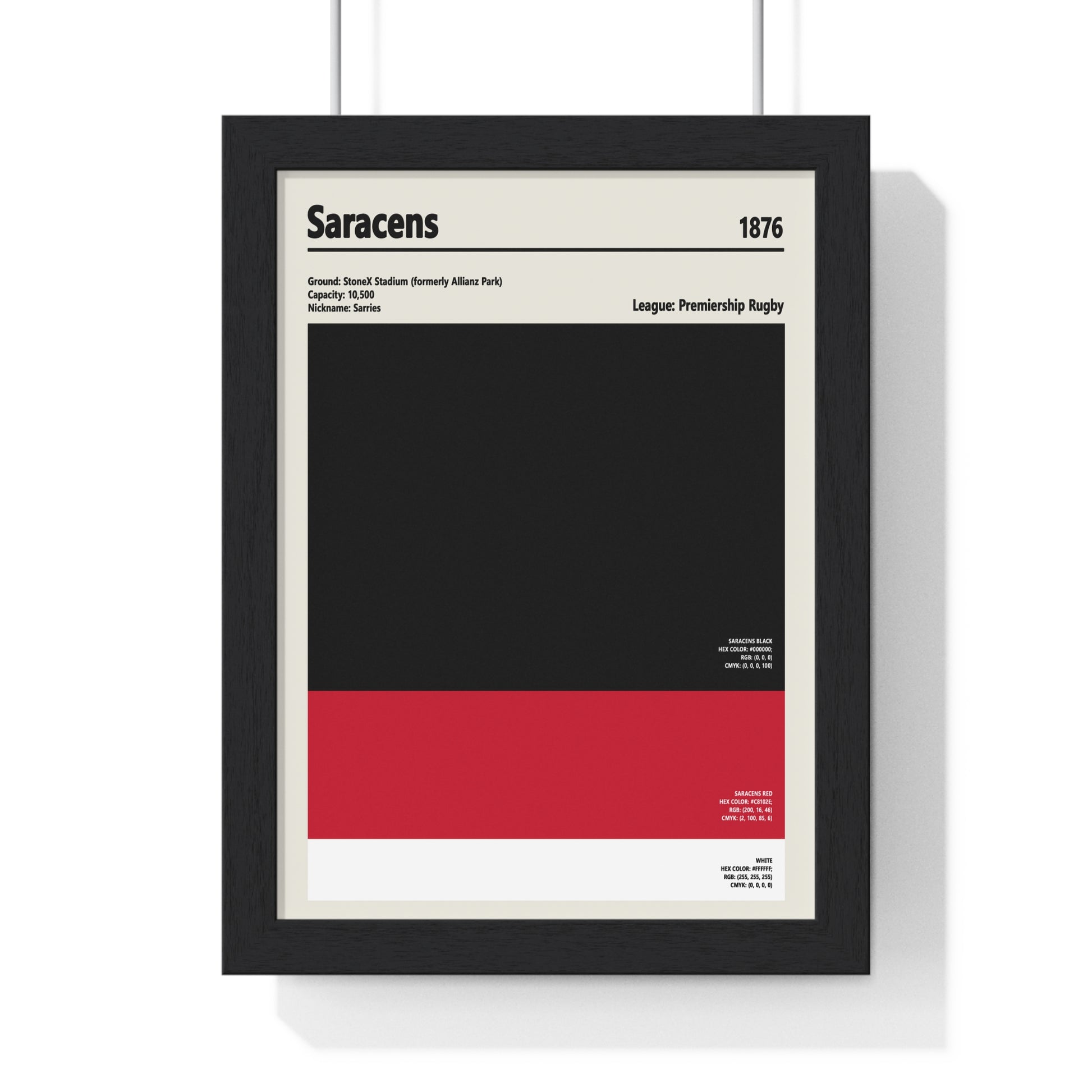 Framed poster with 'Saracens' text and black and red design on a white background