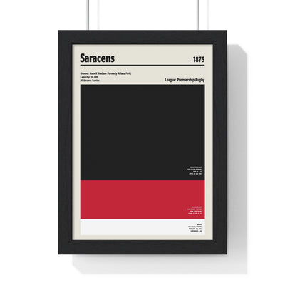 Framed poster with 'Saracens' text and black and red design on a white background