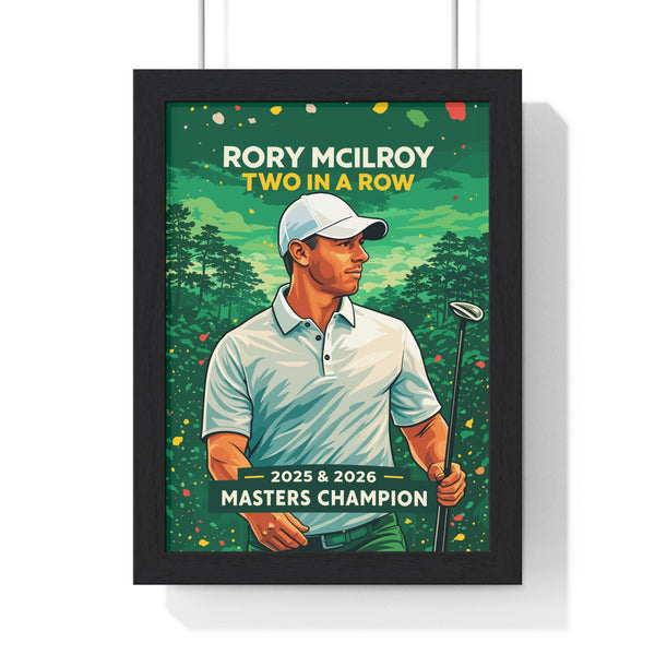 Framed Rory McIlroy Masters Champion golf poster with green tournament illustration