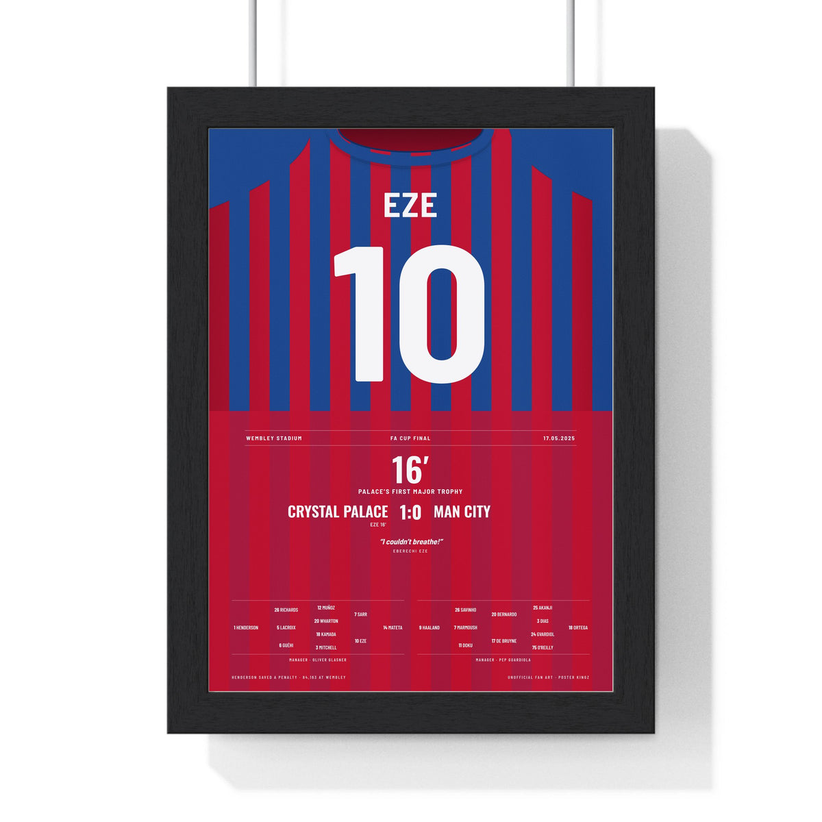 Crystal Palace FA Cup Final 2025 Poster - Eze 10 Wembley framed in a black frame, ready to hang