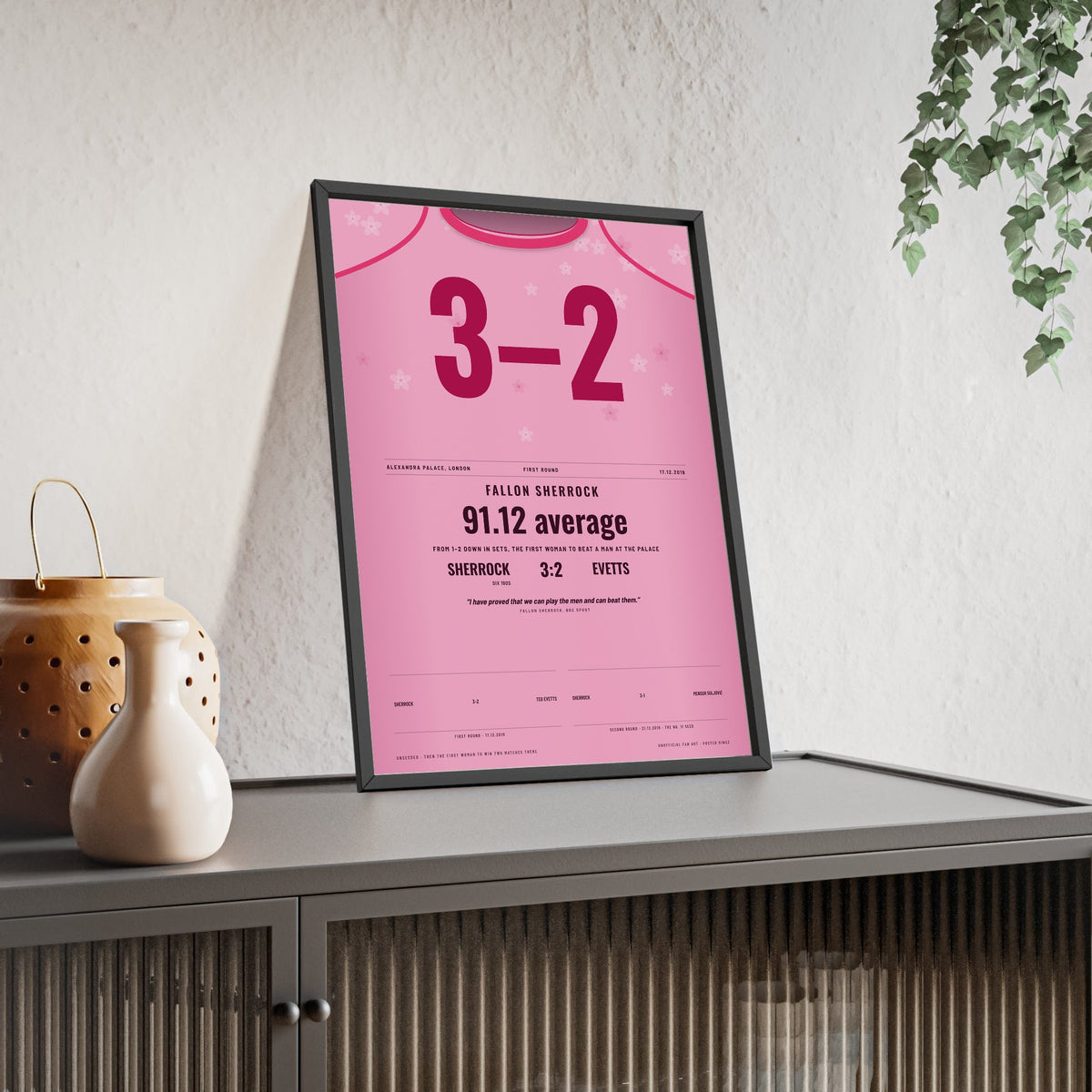 Fallon Sherrock Ally Pally 2019 Darts Poster - 3-2 v Ted Evetts History Print framed and leaning on a sideboard