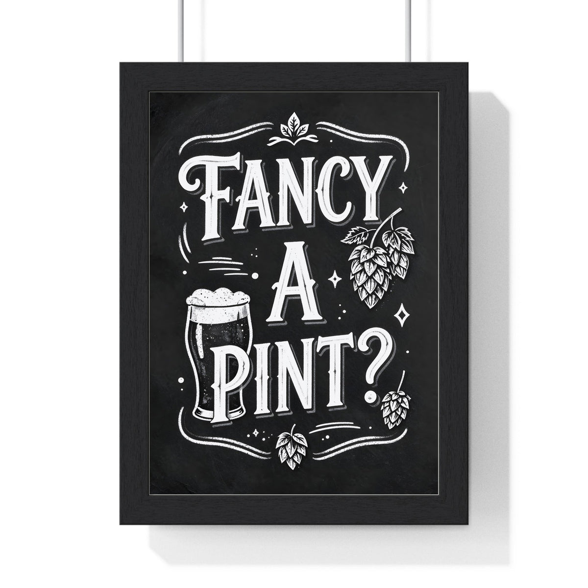Fancy A Pint Chalkboard Print framed in a black frame, ready to hang