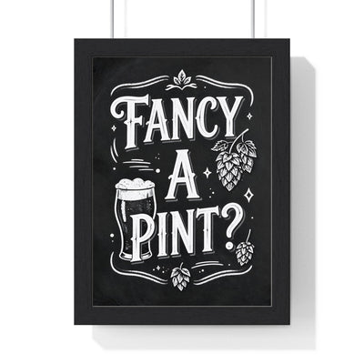Fancy A Pint Chalkboard Print framed in a black frame, ready to hang