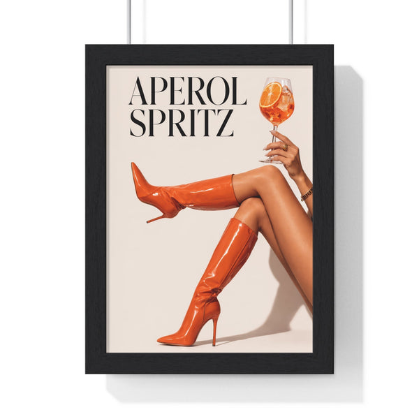 Framed Aperol Spritz cocktail poster with fashion-inspired design featuring orange boots and typography