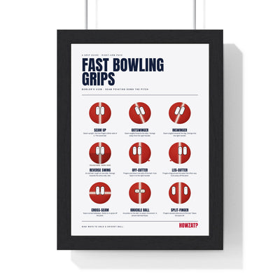 Fast Bowling Grips Cricket print framed in a black frame, ready to hang